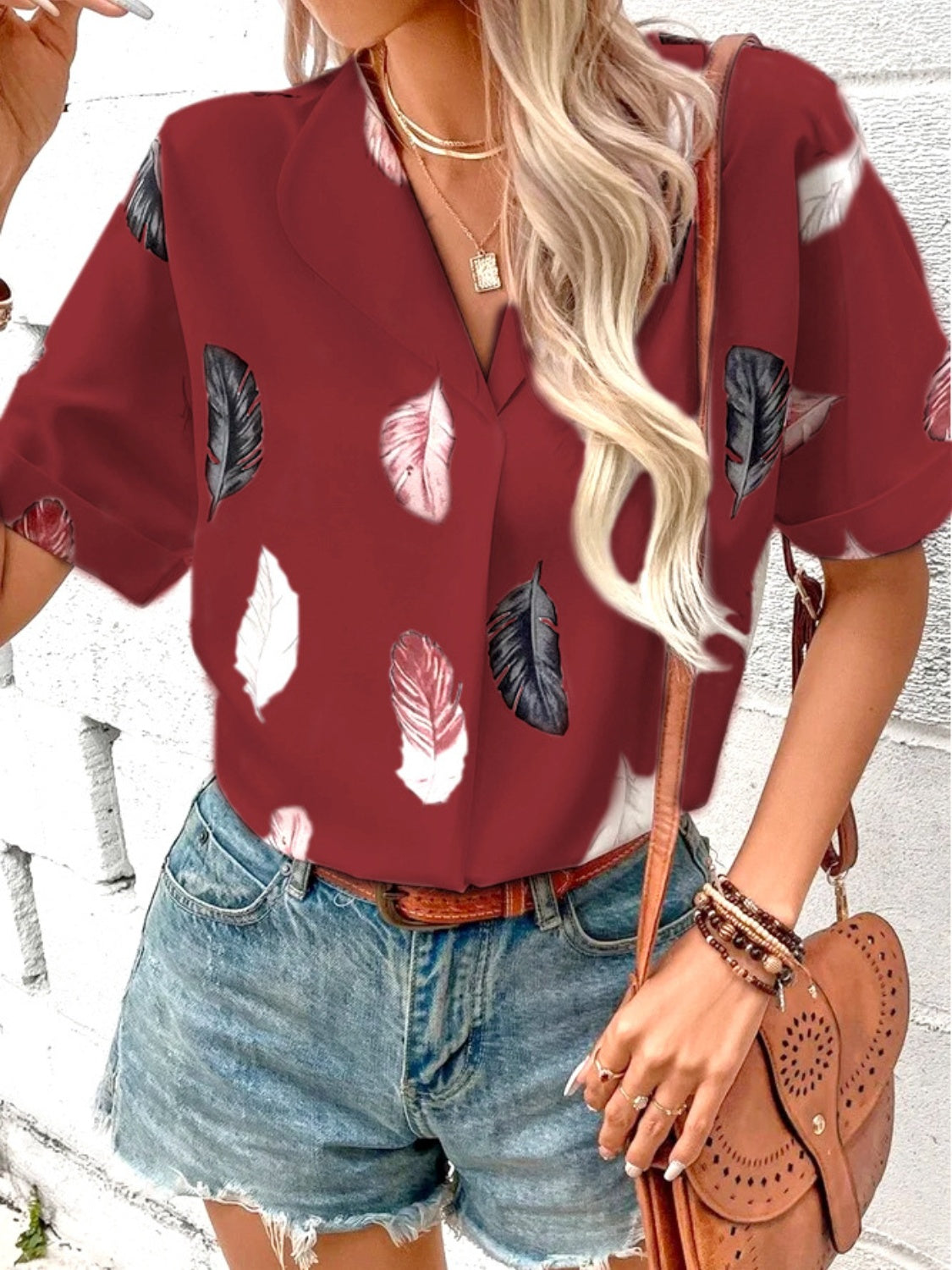 Full Size Printed Collared Neck Short Sleeve Blouse - Clothes For Her Online Store
