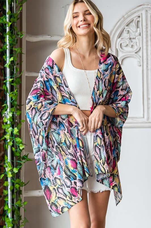 Heimish Full Size Multi Color Snake Open Cardigan Plus Size