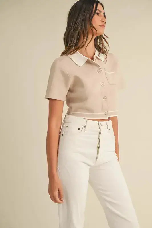 MABLE Button Down Contrast Collared Knit Cardigan - Clothes For Her Online Store