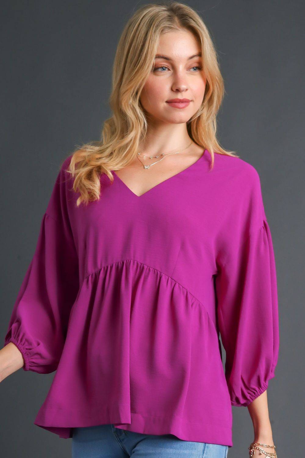 Umgee Full Size V-Neck Puffed 3/4 Sleeve Babydoll Blouse Plus Size - Clothes For Her Online Store