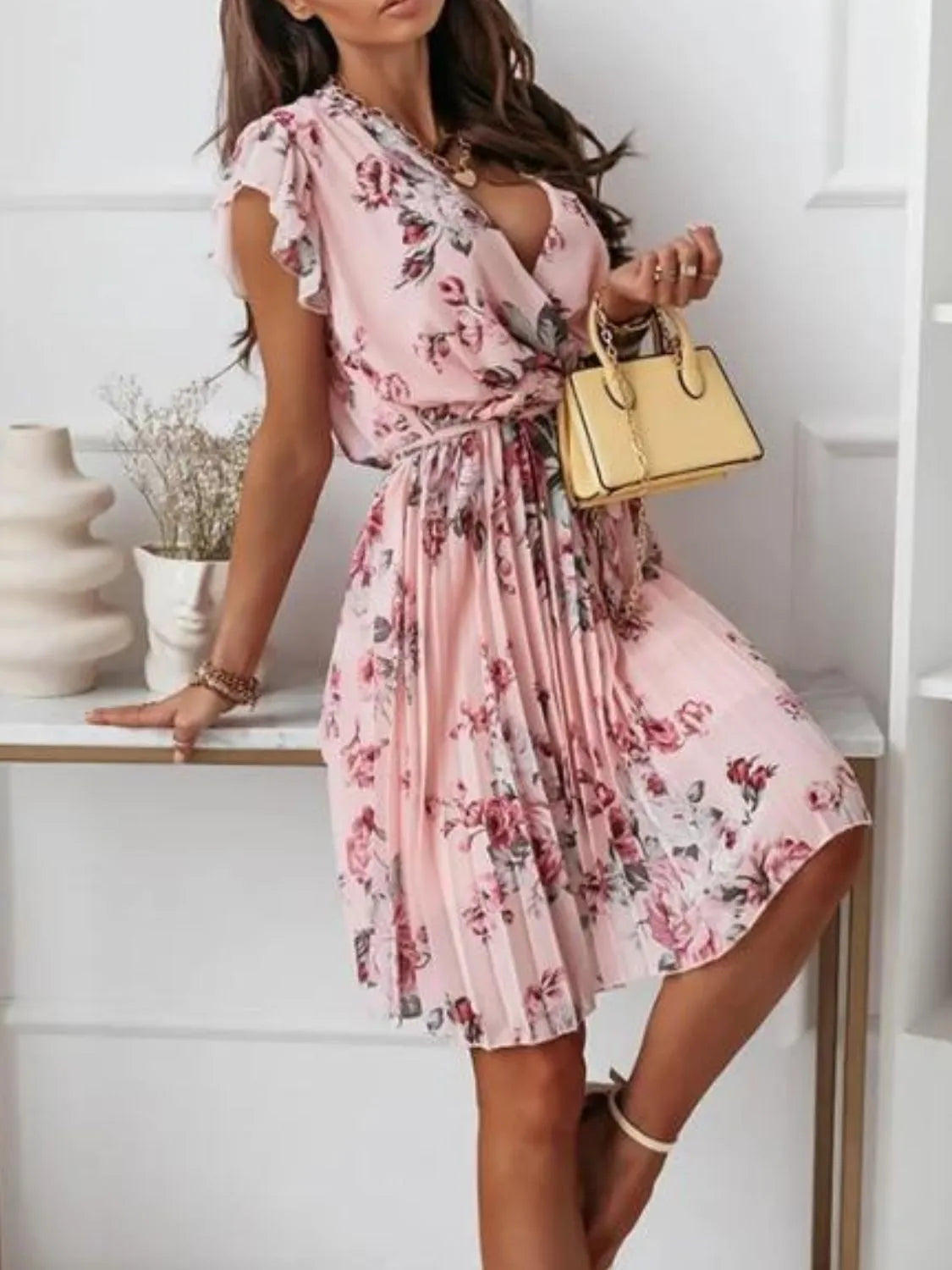 Floral Surplice Ruffled Cap Sleeve Dress