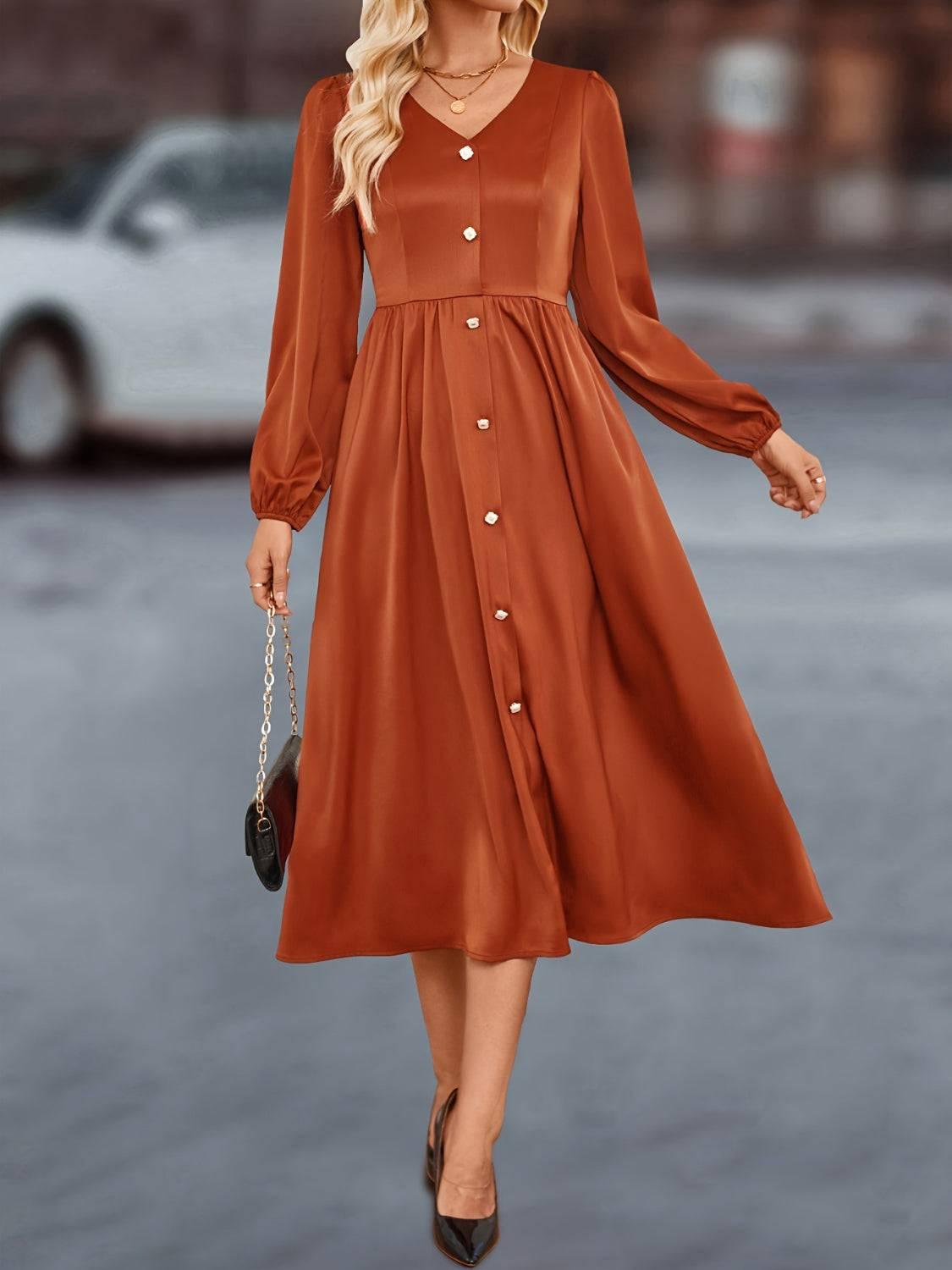 V-Neck Balloon Sleeve Midi Dress