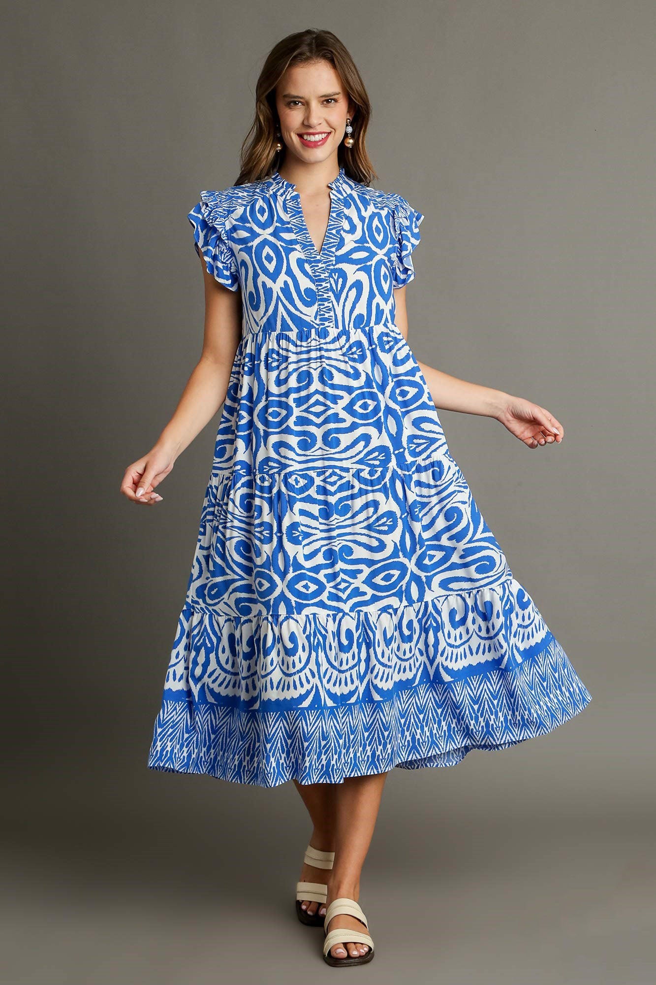 Umgee Full Size Two Tone Border Print Ruffle Cap Sleeve Midi Dress Plus Size - Clothes For Her Online Store