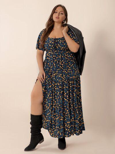 Plus Size Printed Short Sleeve Slit Tiered Maxi Dress