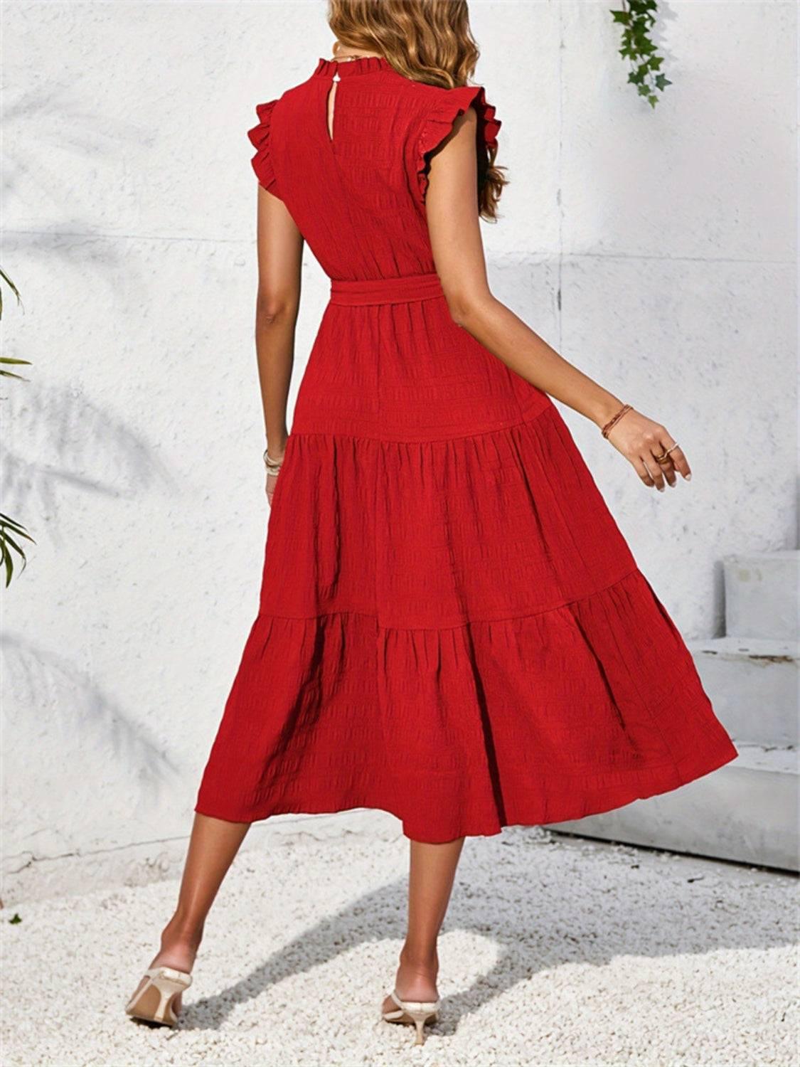 Frill Mock Neck Ruffled Cap Sleeve Midi Dress