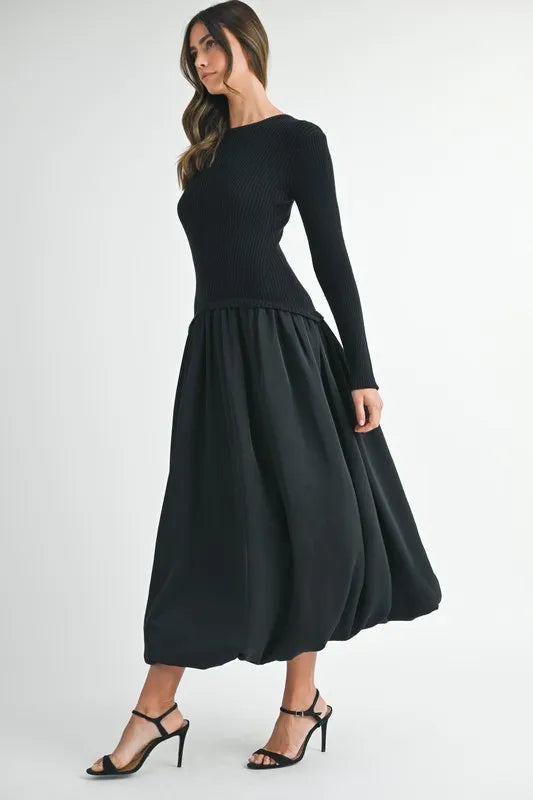 MABLE Ribbed Poplin Mix Midi Sweater Dress