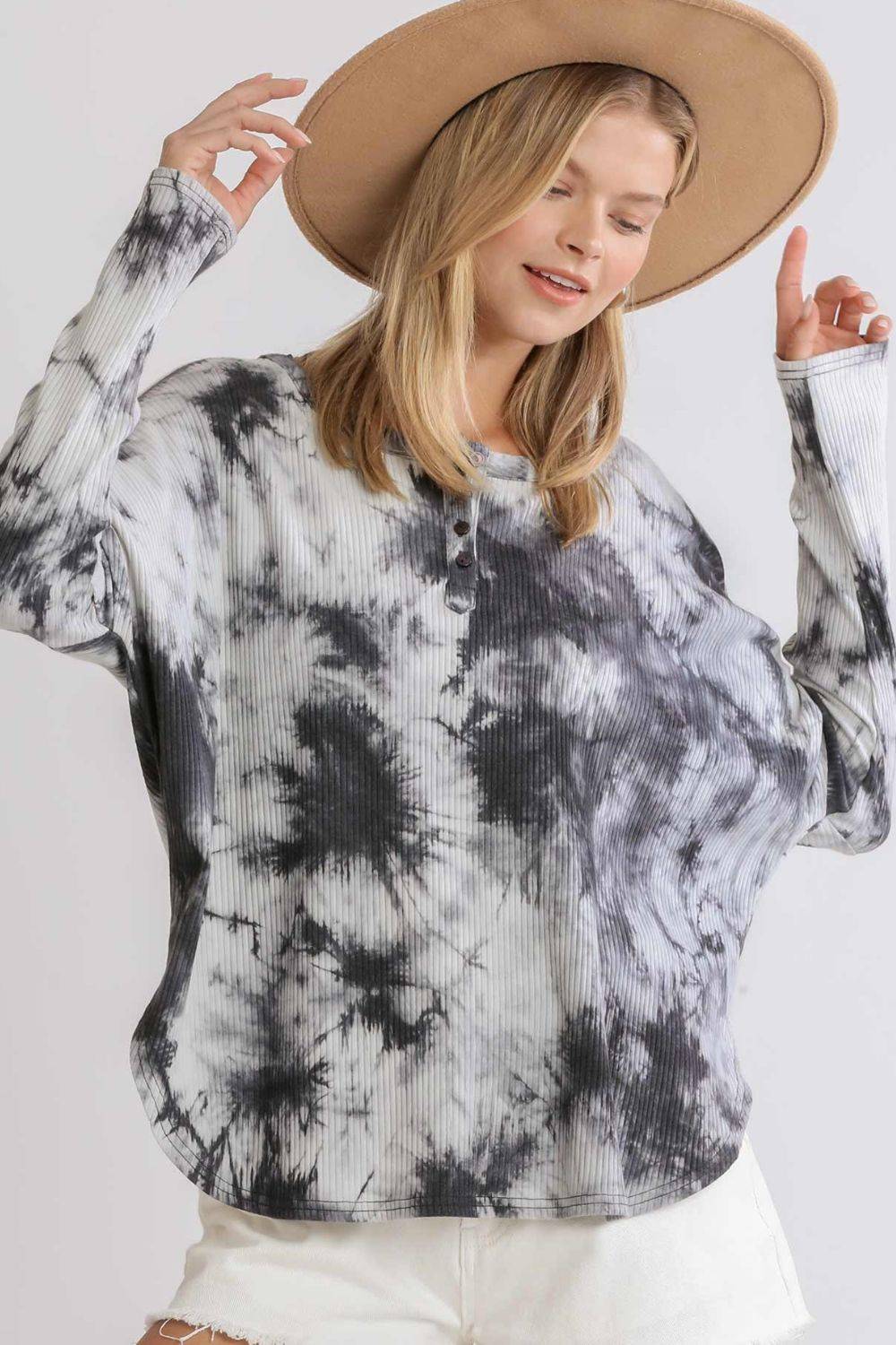 Umgee Full Size Tie Dye Round Neck Ribbed Button Front Top Plus Size - Clothes For Her Online Store