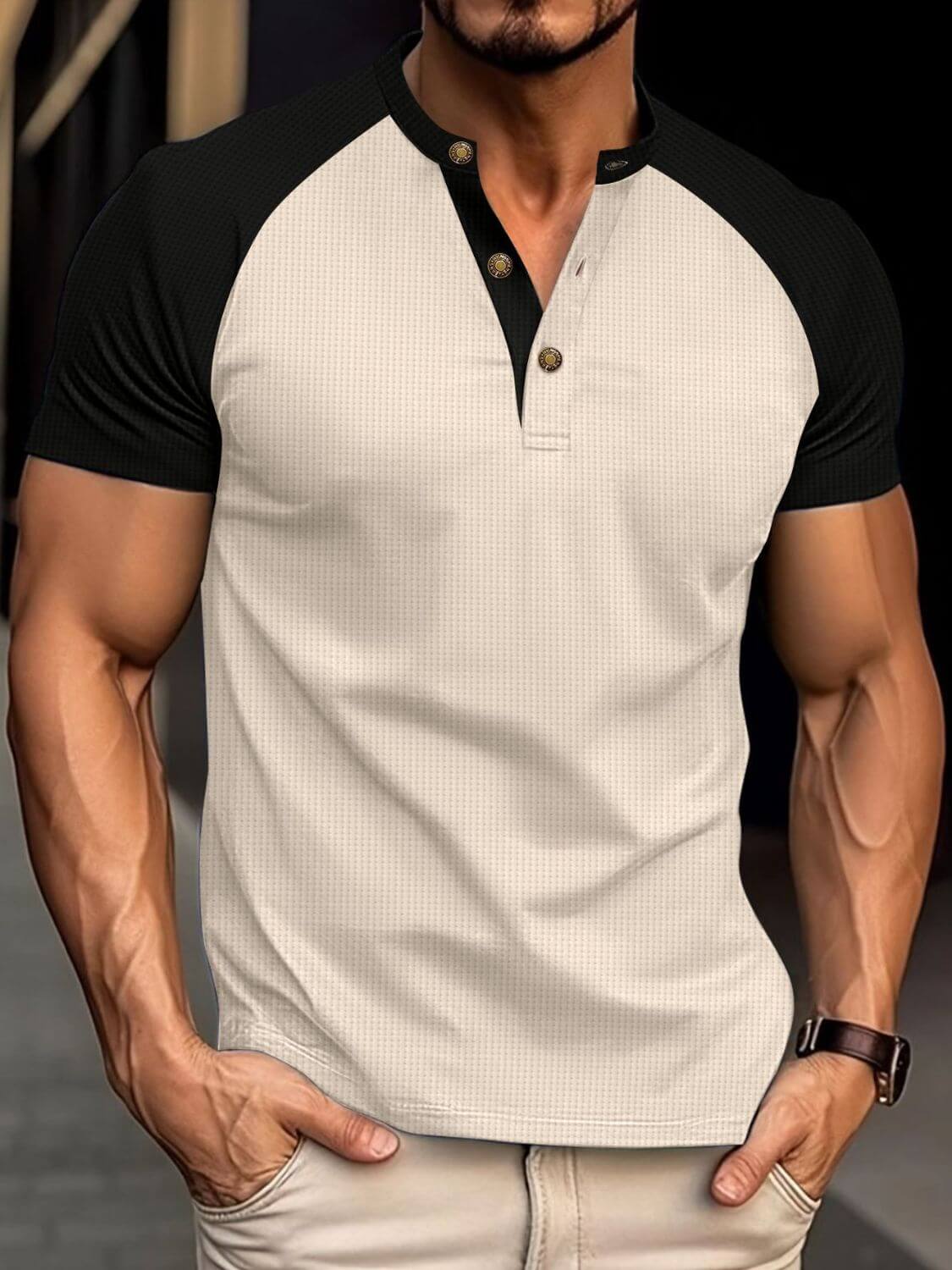 Men's Full Size Waffle-Knit Round Neck Contrast Polo Plus Size