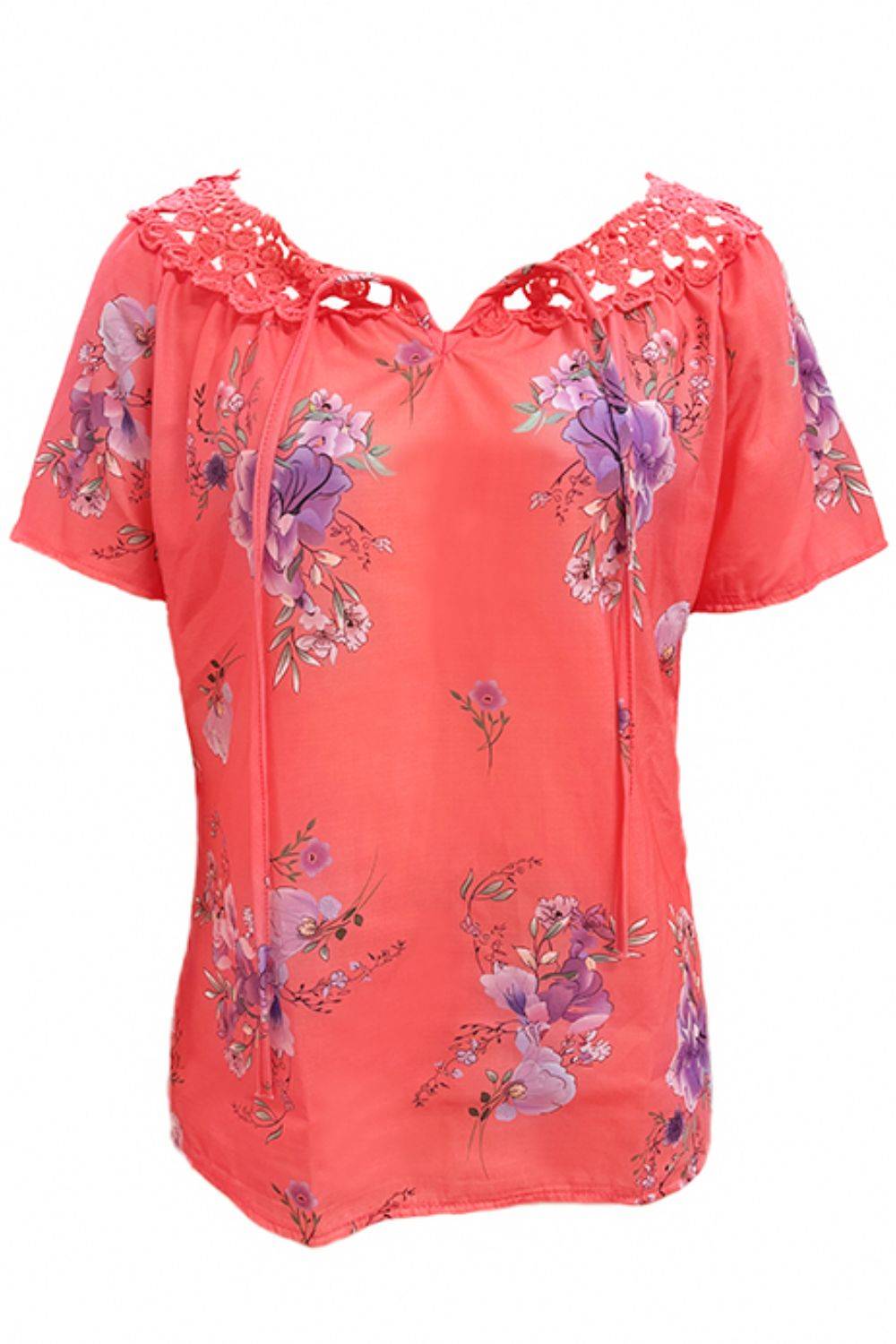 Full Size Printed Tie Neck Short Sleeve Blouse - Clothes For Her Online Store