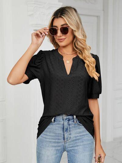 Florira Eyelet Notched Short Sleeve T-Shirt