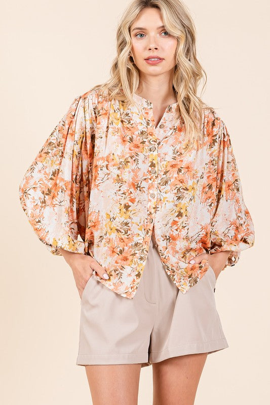 Mittoshop Flower Print Batwing Sleeve Button Down Blouse - Clothes For Her Online Store