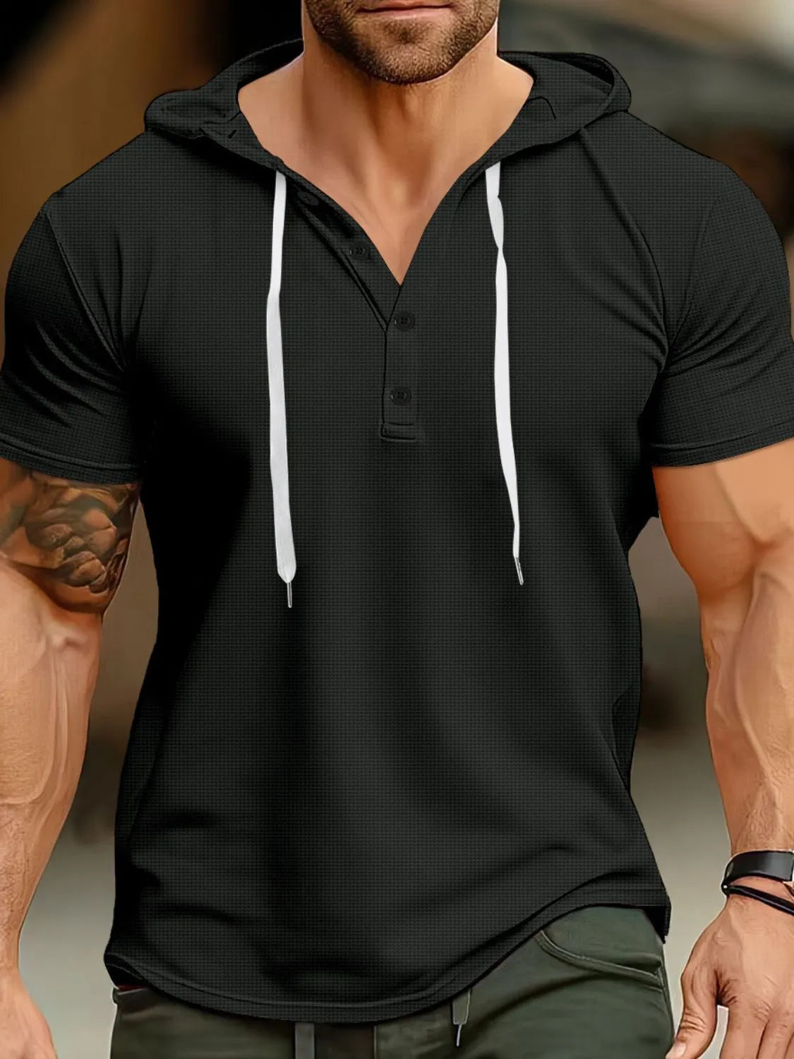 Men's Full Size Drawstring Short Sleeve Hooded Top Plus Size