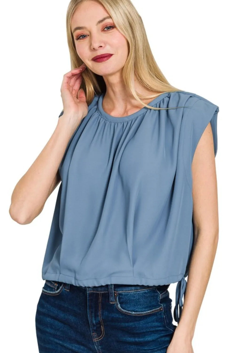 Zenana Woven Drawstring Tie Side Sleeveless Top