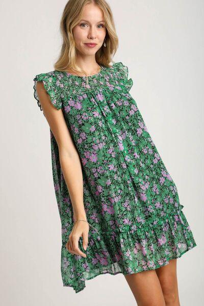 Umgee Full Size Smocked Detail Floral Metallic Ruffle Cap Sleeve Dress Plus Size - Clothes For Her Online Store