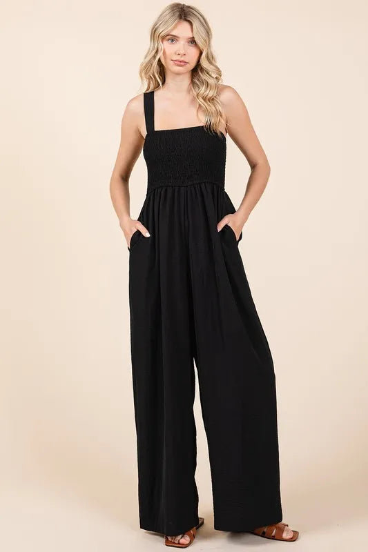 Mittoshop Smocked Wide Strap Wide Leg Overalls - Clothes For Her Online Store