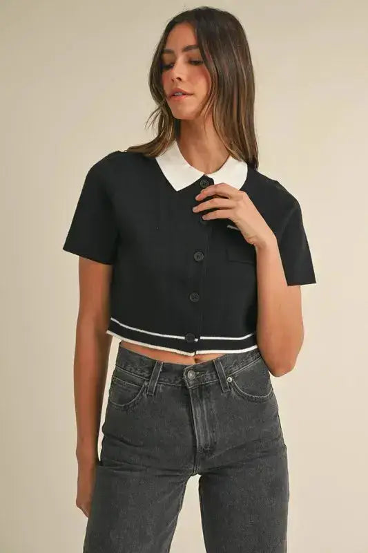 MABLE Button Down Contrast Collared Knit Cardigan - Clothes For Her Online Store