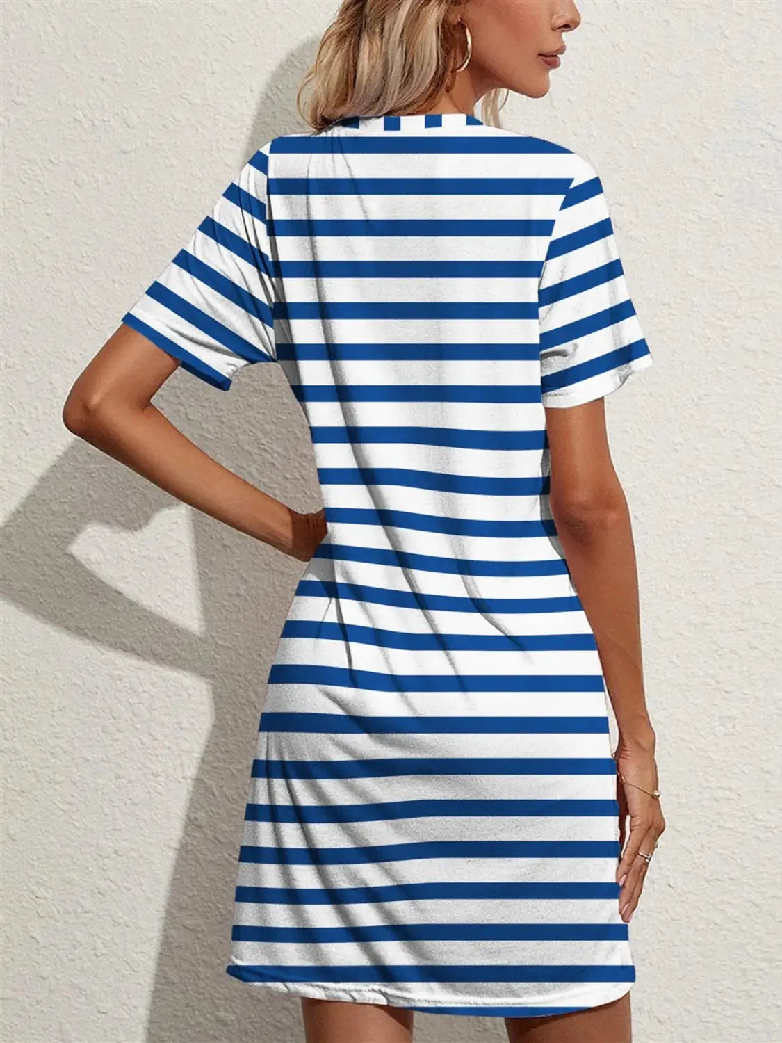 Contrast Striped Round Neck Short Sleeve Dress - Clothes For Her Online Store