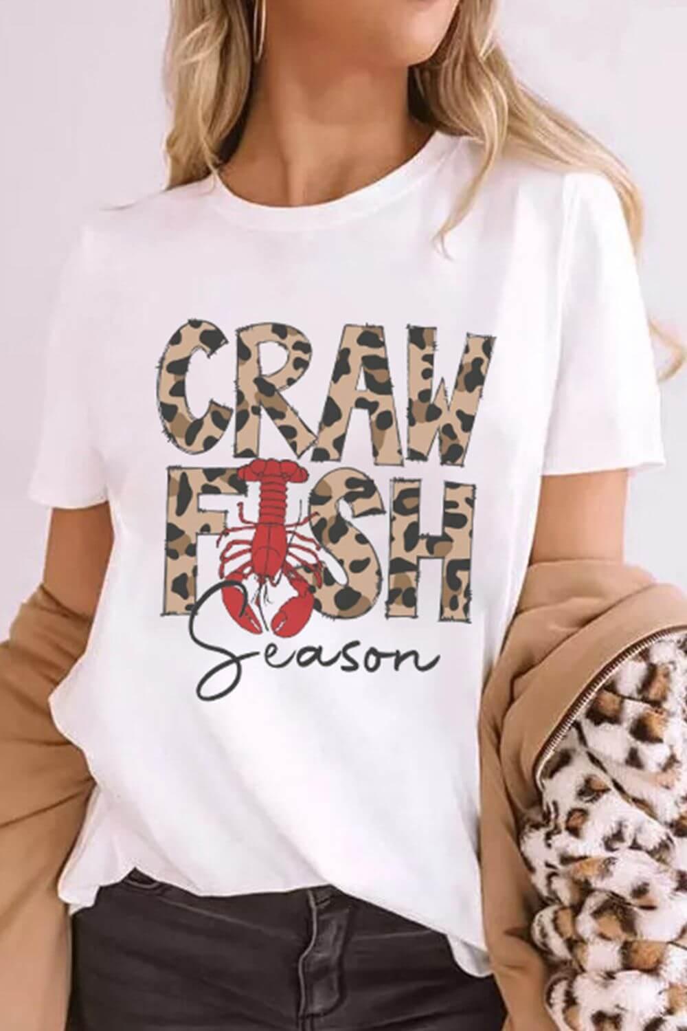 CRAWFISH SEASON Leopard Round Neck Short Sleeve T-Shirt