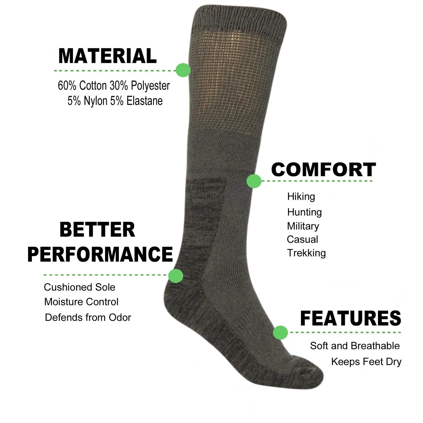 1 Pair Men's Over The Calf Tactical Socks Cushioned Military Boot