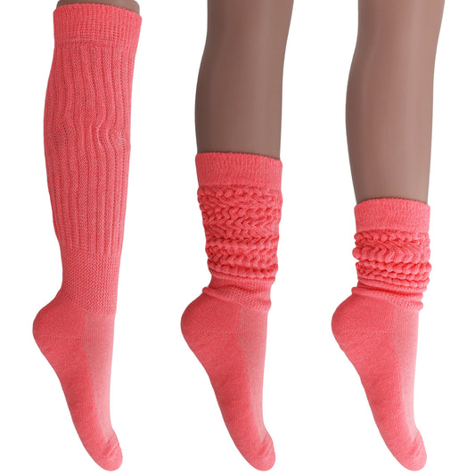 Neon Pink Slouch Socks for Women 80's Style Cotton Slouchy Knee Socks