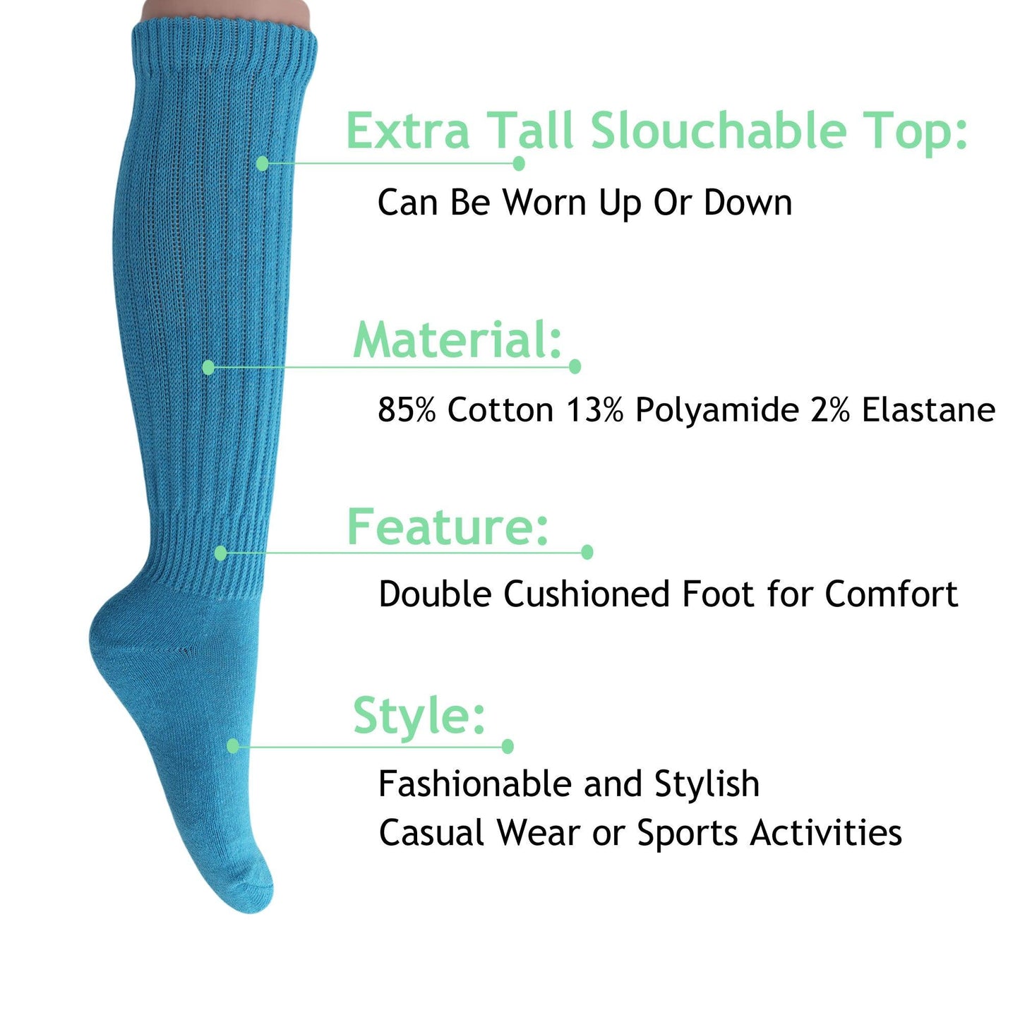 Turquoise Slouch Socks for Women Scrunch Calf Socks Shoe Size 5 to 10