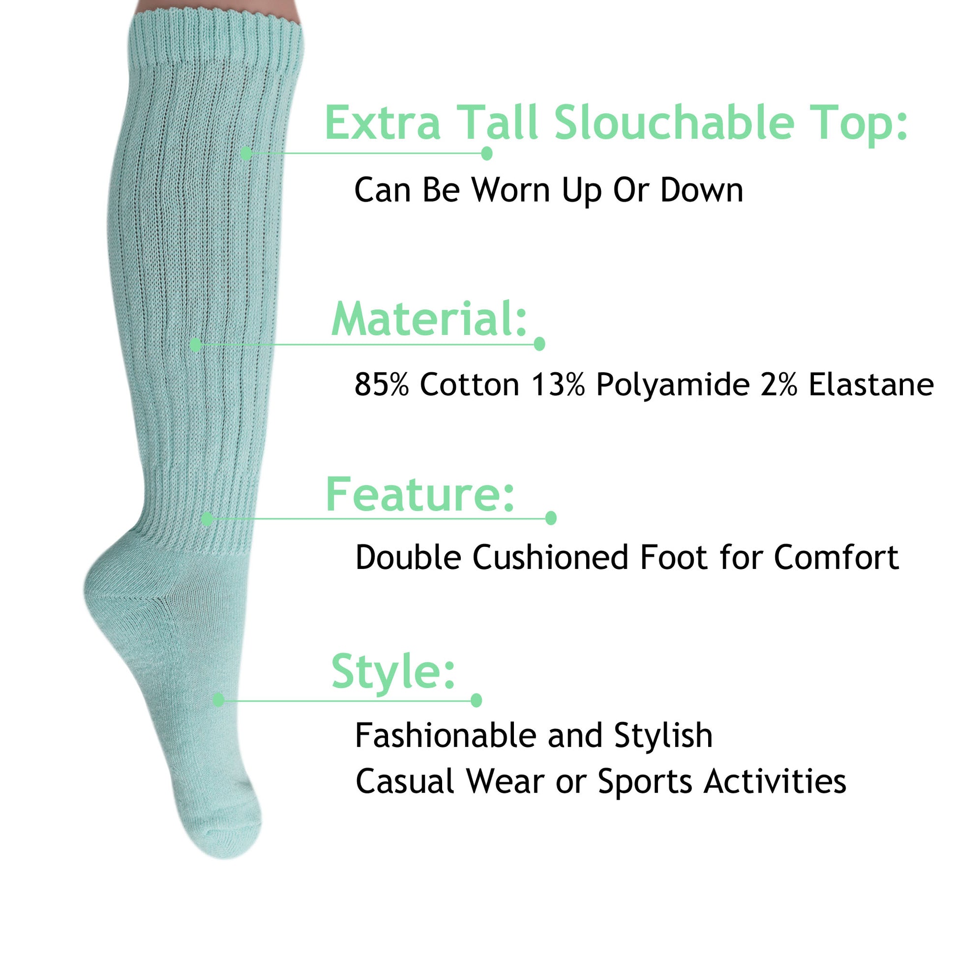 Mint Green Slouch Socks for Women Premium Cotton Knee High Boot Socks