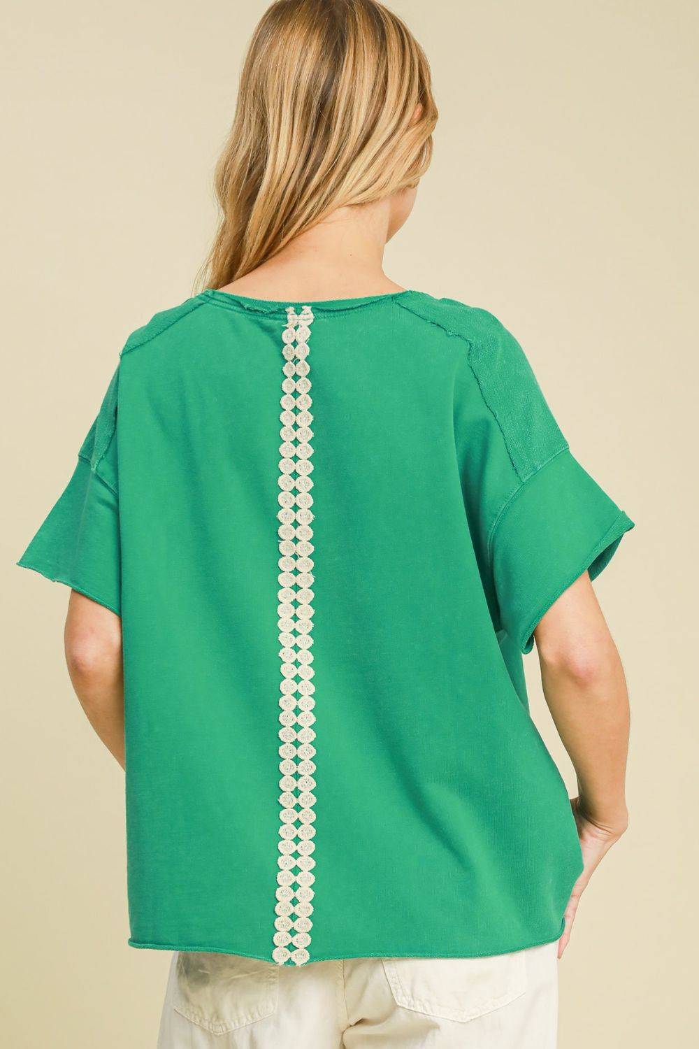 Umgee Full Size Mineral Wash T-Shirt with Lace Applique Plus Size - Clothes For Her Online Store