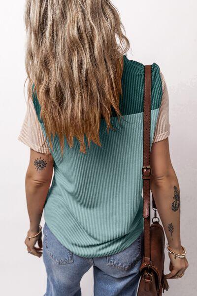 Color Block Round Neck Short Sleeve T-Shirt - Clothes For Her Online Store