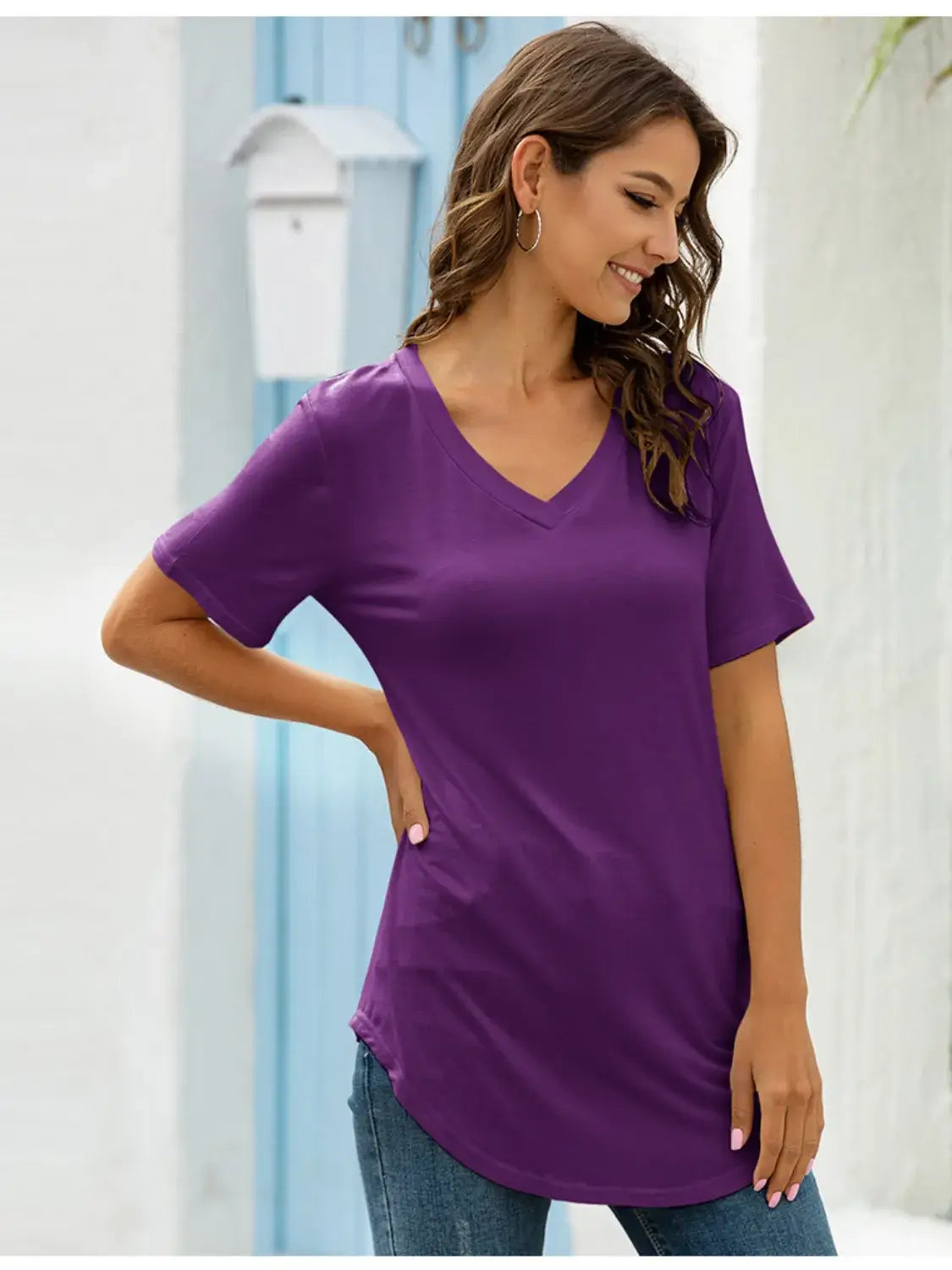Full Size Solid V-Neck Short Sleeve T-Shirt Plus Size