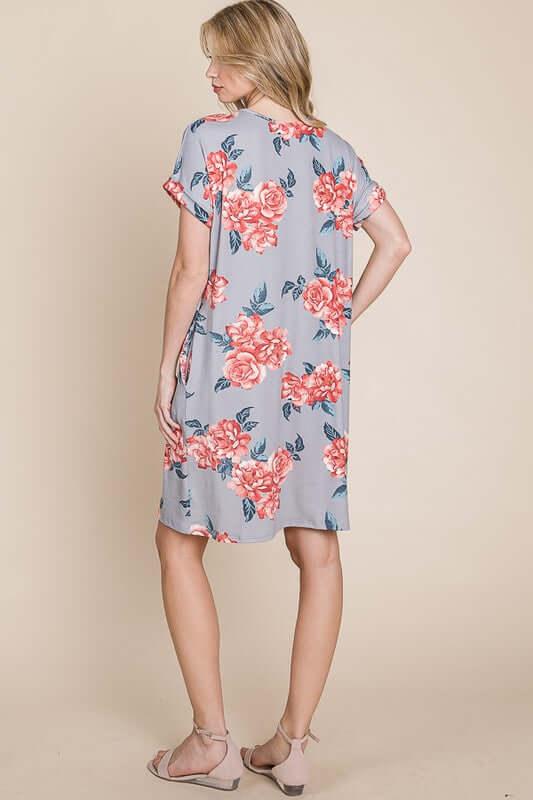 BOMBOM Floral Round Neck Short Tee Dress with Pockets - Clothes For Her Online Store
