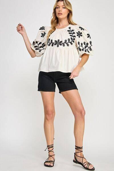 SAGE+FIG Puff-Sleeve Embroidered Peplum Blouse