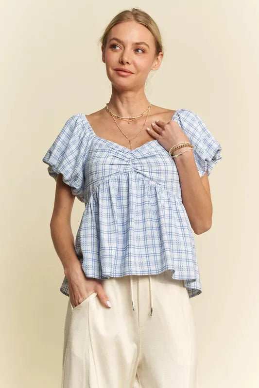 Davi & Dani Plaid Puff Sleeves Ruffled Smocked Blouse