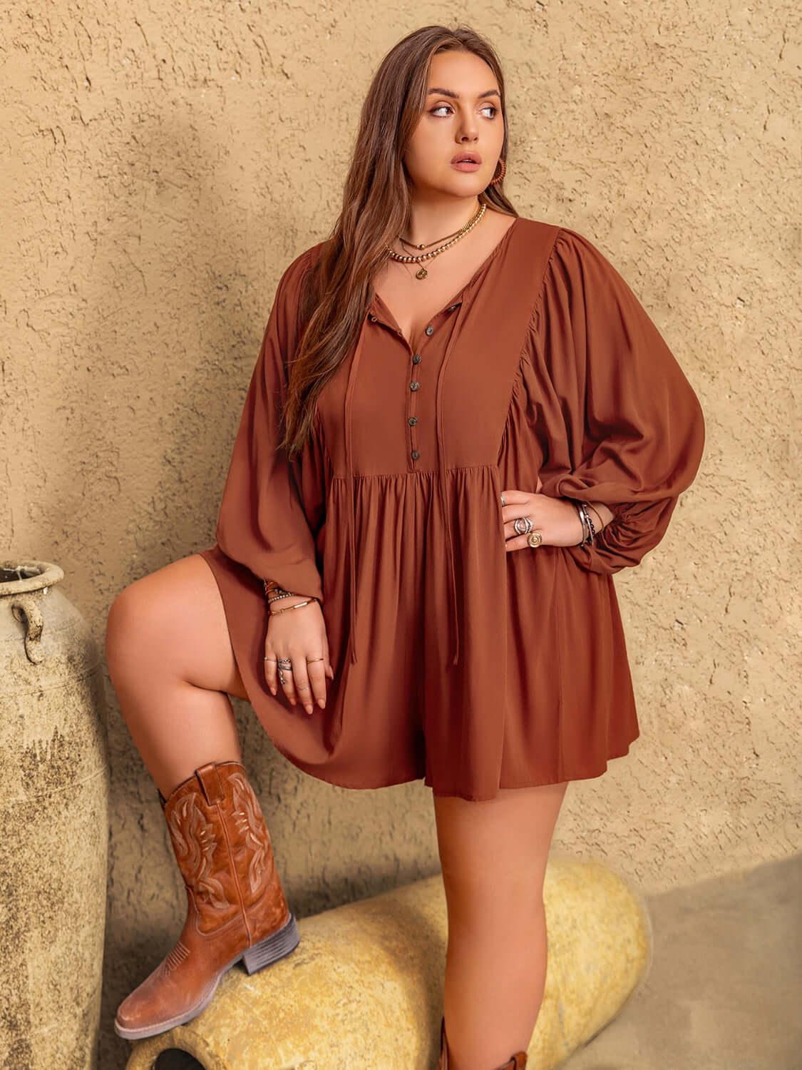 Plus Size Ruched Tie Neck Balloon Sleeve Romper - Clothes For Her Online Store