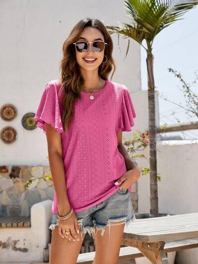 Mandy Eyelet Round Neck Flutter Sleeve Top