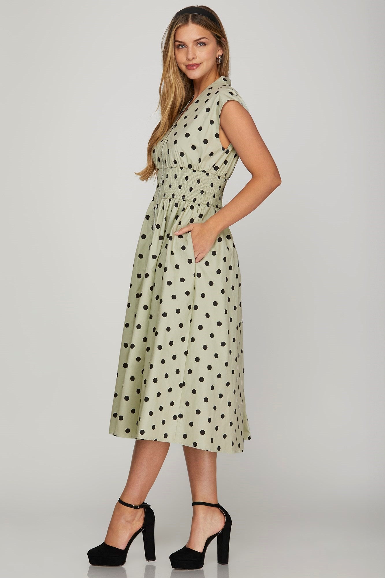 She + Sky Front Zip Polka Dots Cap Sleeve Midi Dress - Clothes For Her Online Store
