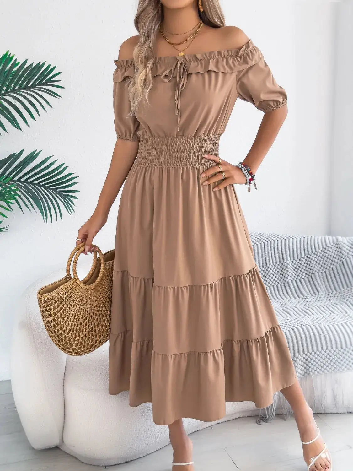 Smocked Off-Shoulder Tiered Dress - Clothes For Her Online Store