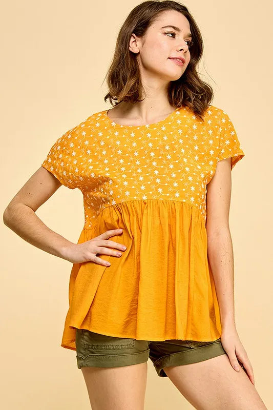 Lime 'N' Chili Embroidered Short Sleeve Pleated Babydoll Top