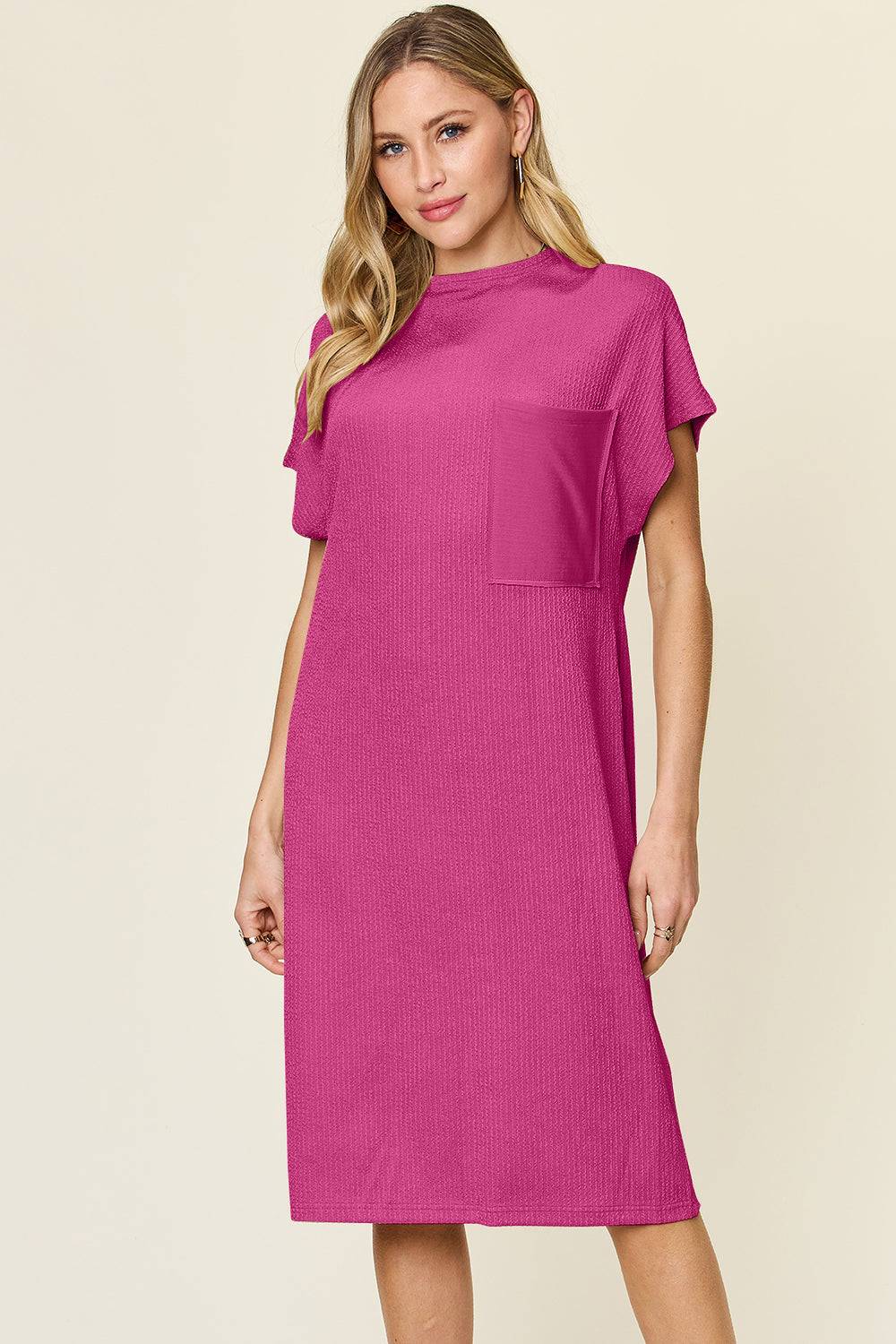 Double Take Full Size Texture Mock Neck Short Sleeve Dress - Clothes For Her Online Store