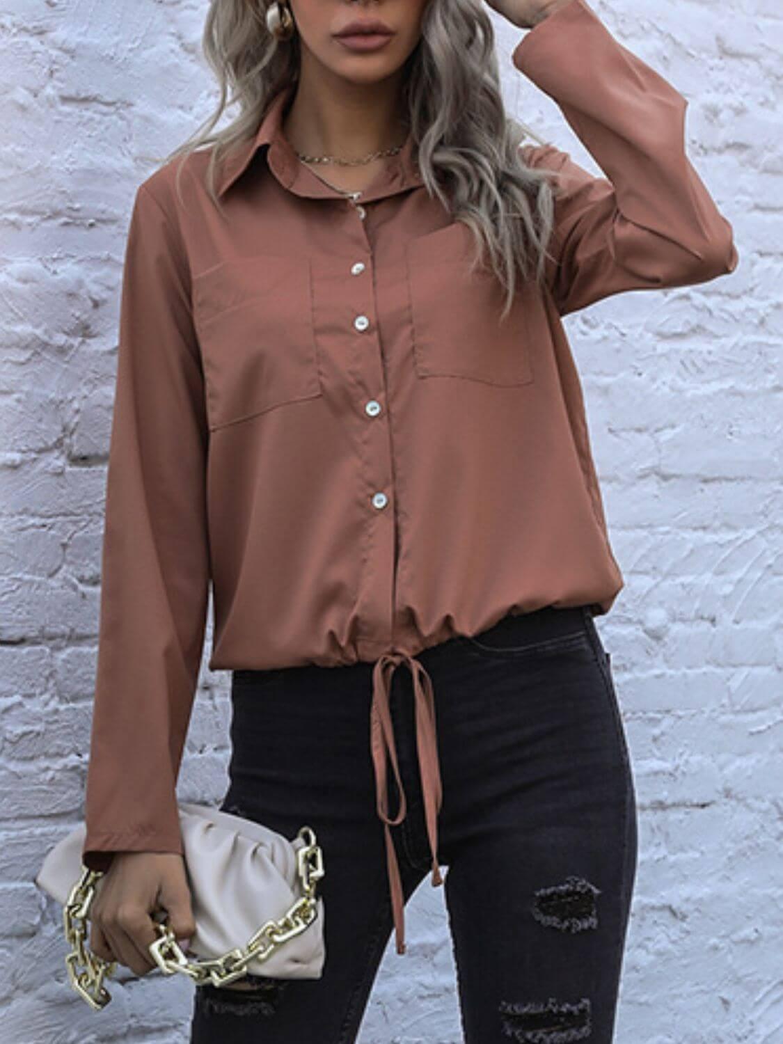 Perfee Tied Hem Button Down Long Sleeve Shirt