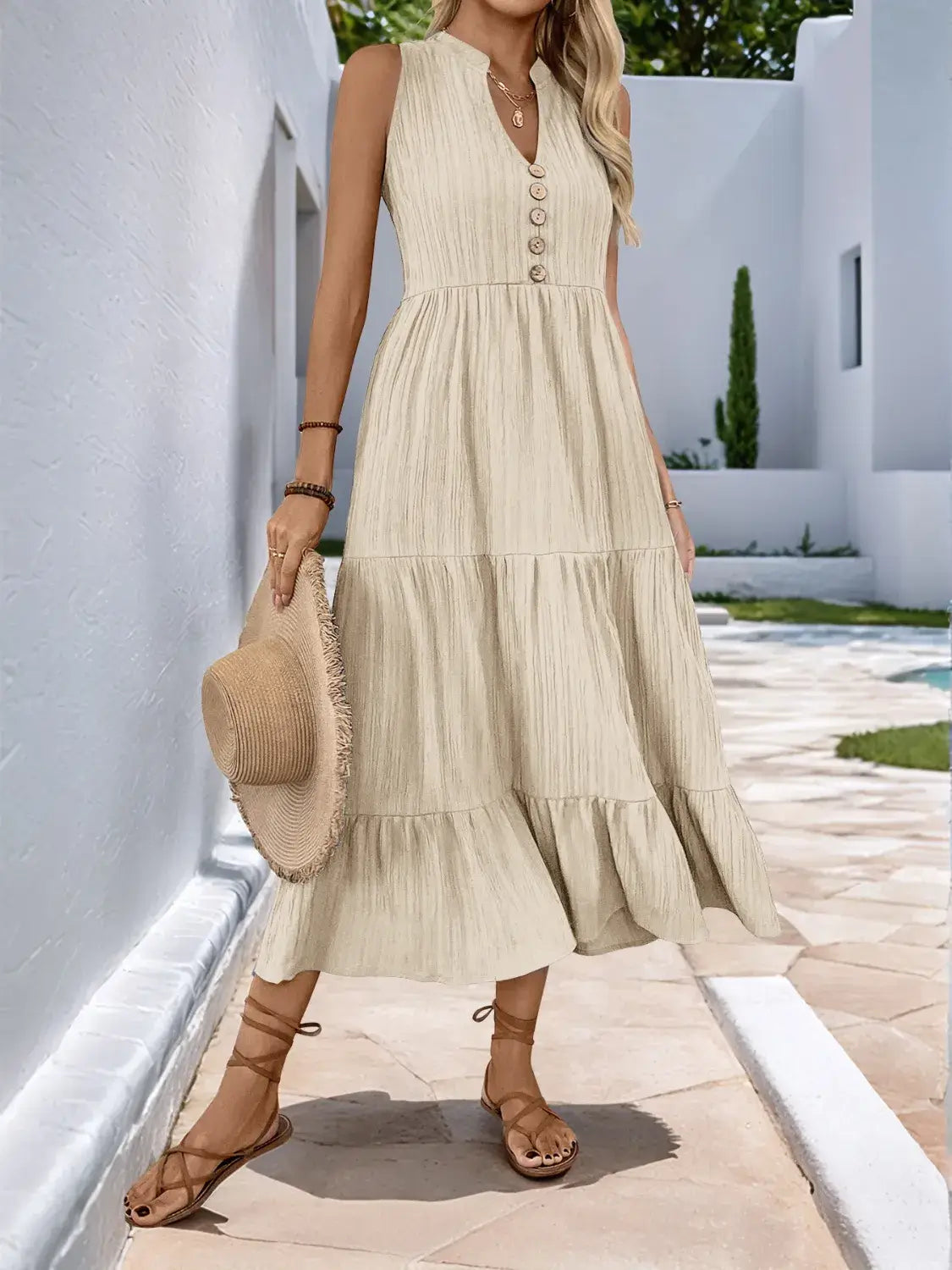 Notched Sleeveless Midi Tiered Dress