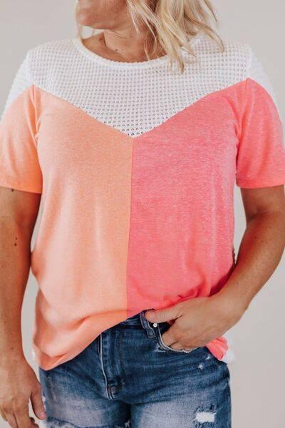 Plus Size Color Block Round Neck Short Sleeve T-Shirt - Clothes For Her Online Store
