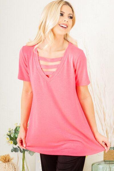 Heimish Full Size V-Neck Short Sleeve T-Shirt with Bar Detail Plus Size - Clothes For Her Online Store