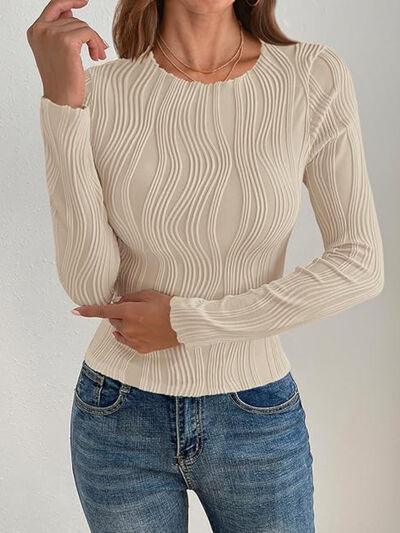 Textured Round Neck Long Sleeve Top