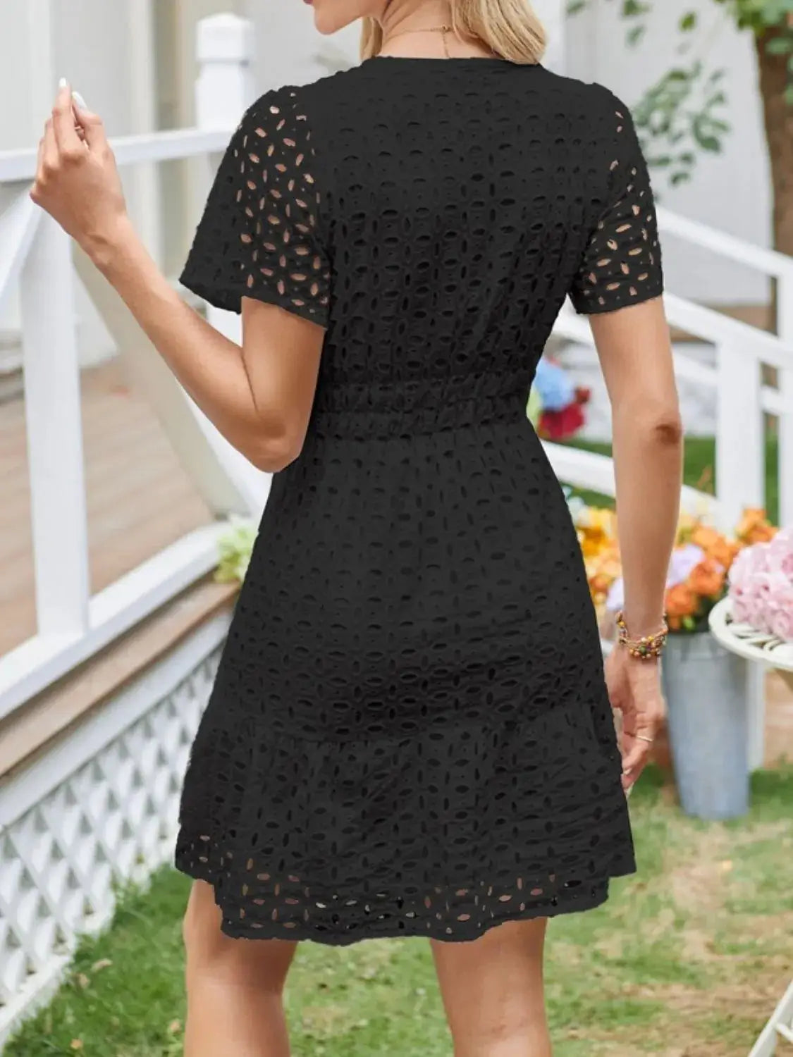 Eyelet Notched Short Sleeve Dress - Clothes For Her Online Store