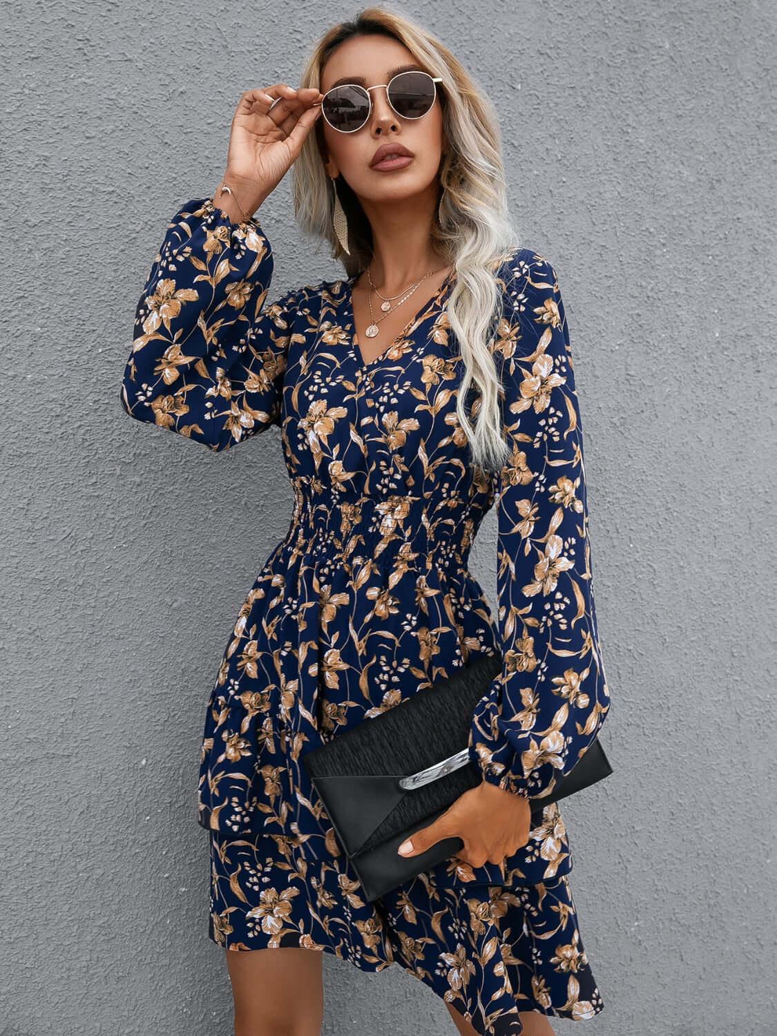Ivy Lane Floral Layered Surplice Balloon Sleeve Dress - Clothes For Her Online Store