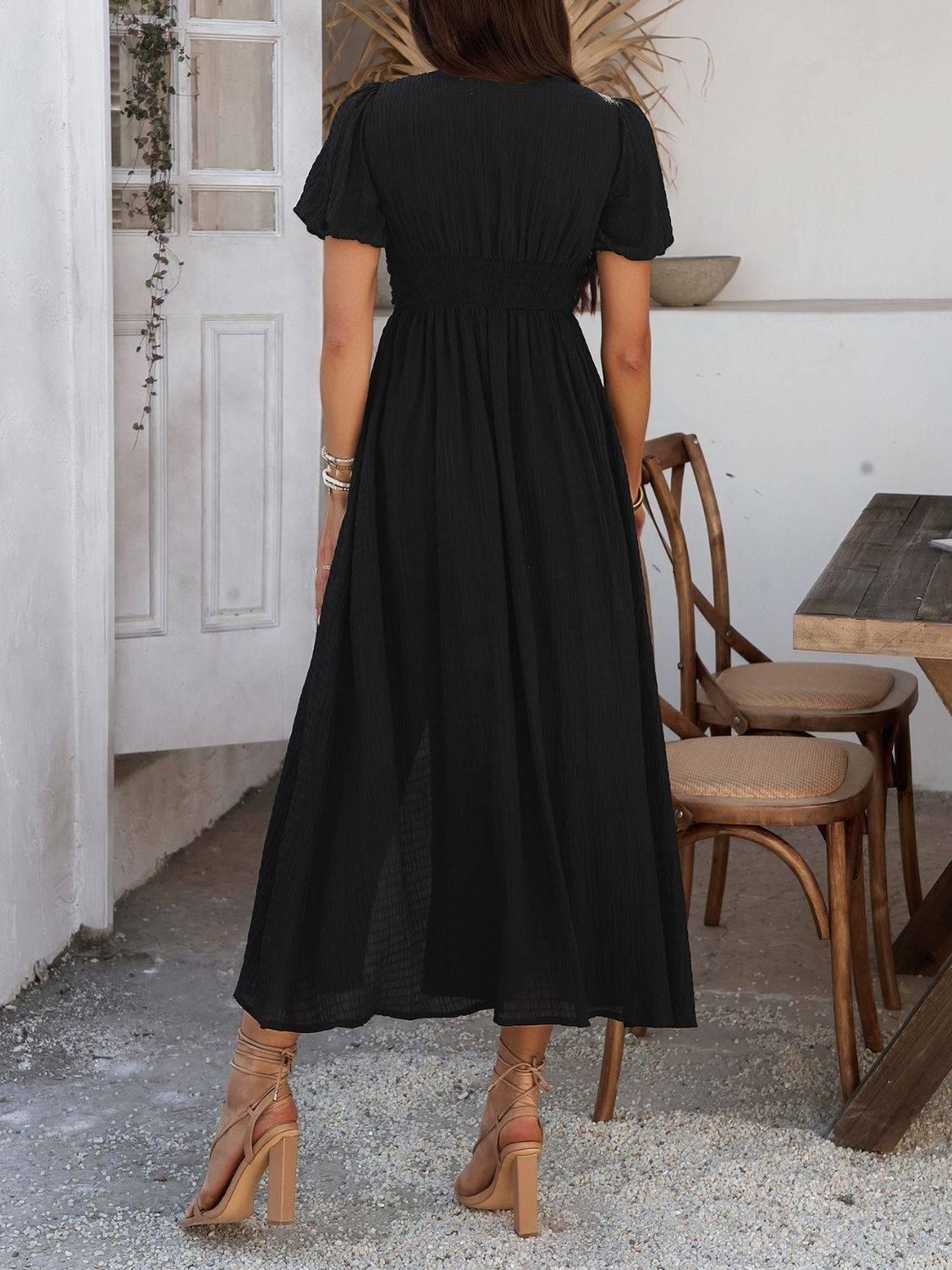 Devine V-Neck Puff Short Sleeve Midi Dress