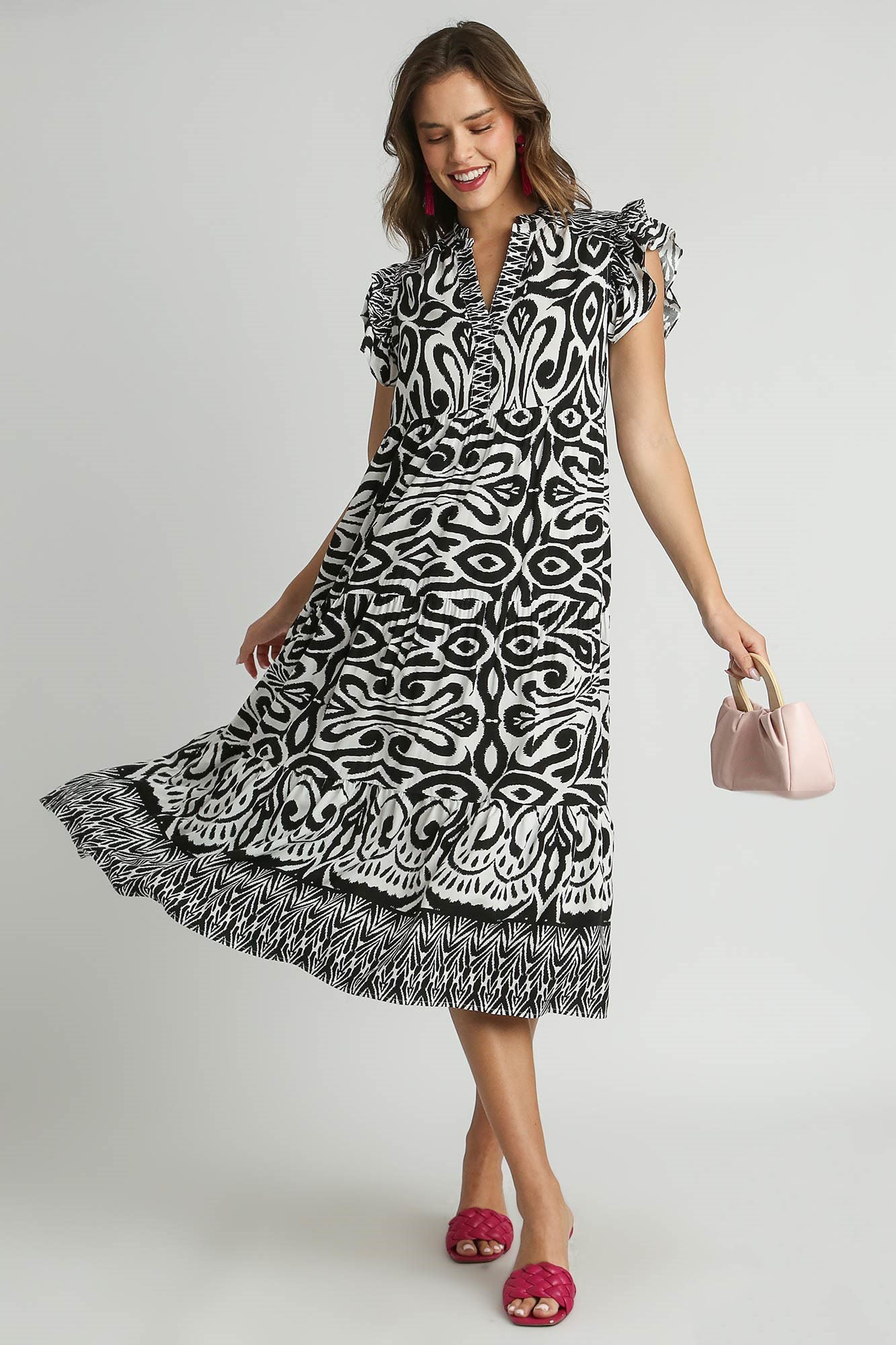 Umgee Full Size Two Tone Border Print Ruffle Cap Sleeve Midi Dress Plus Size - Clothes For Her Online Store