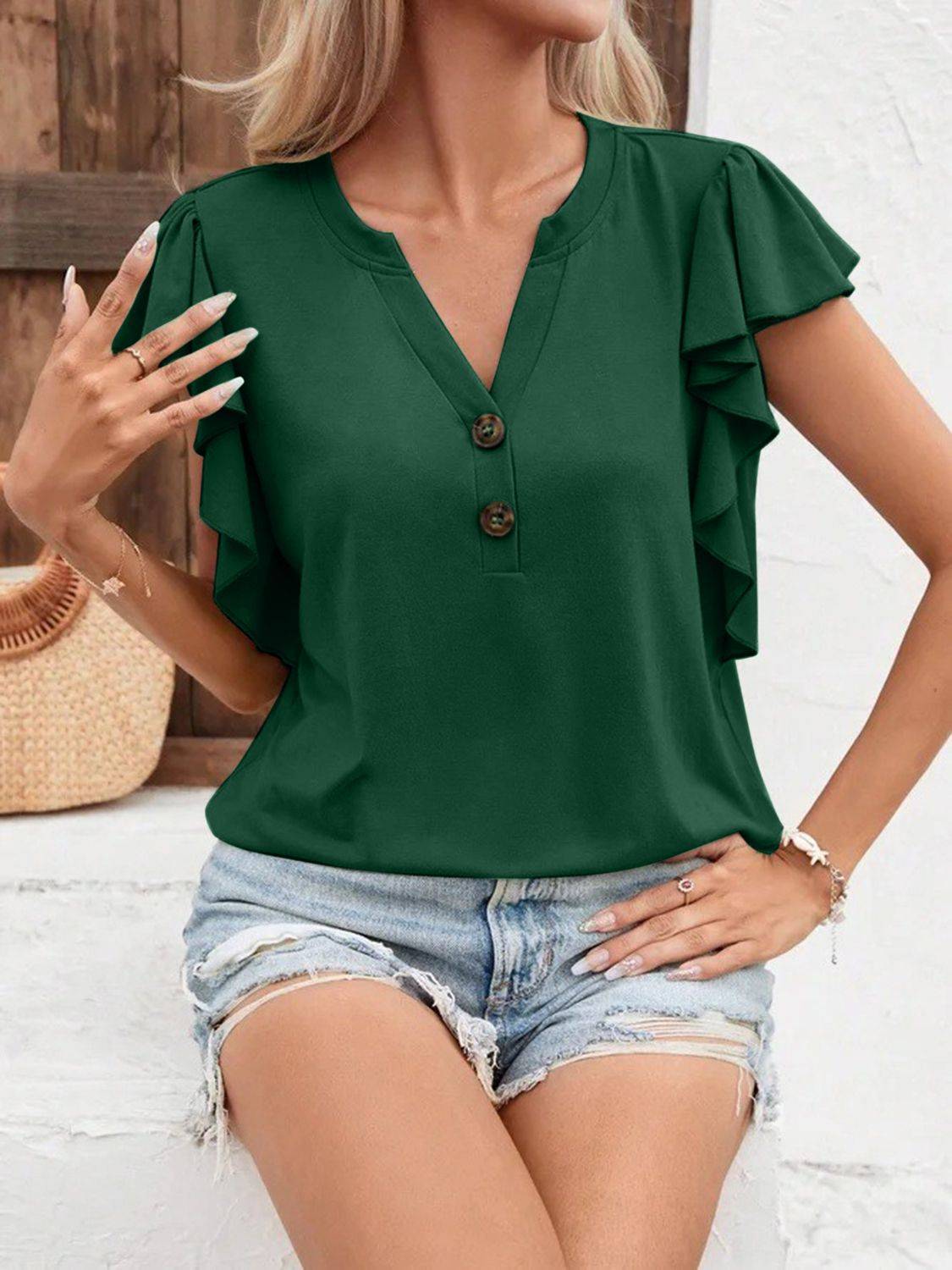 Full Size Ruffled Notched Cap Sleeve T-Shirt - Clothes For Her Online Store