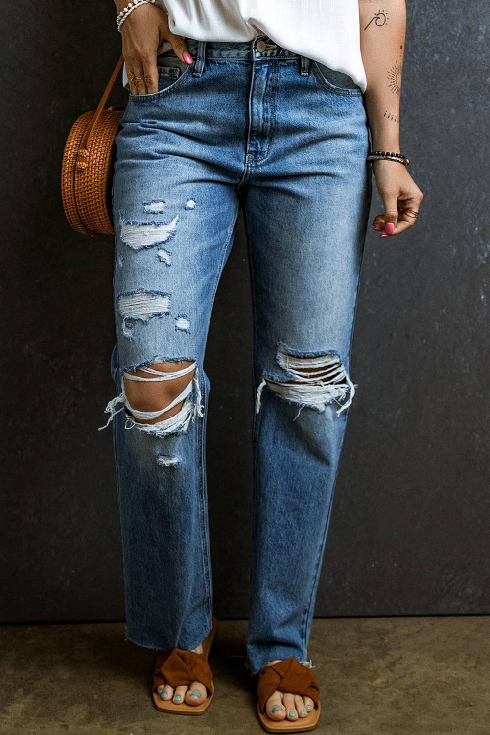 Distressed Raw Hem Jeans with Pockets - Clothes For Her Online Store