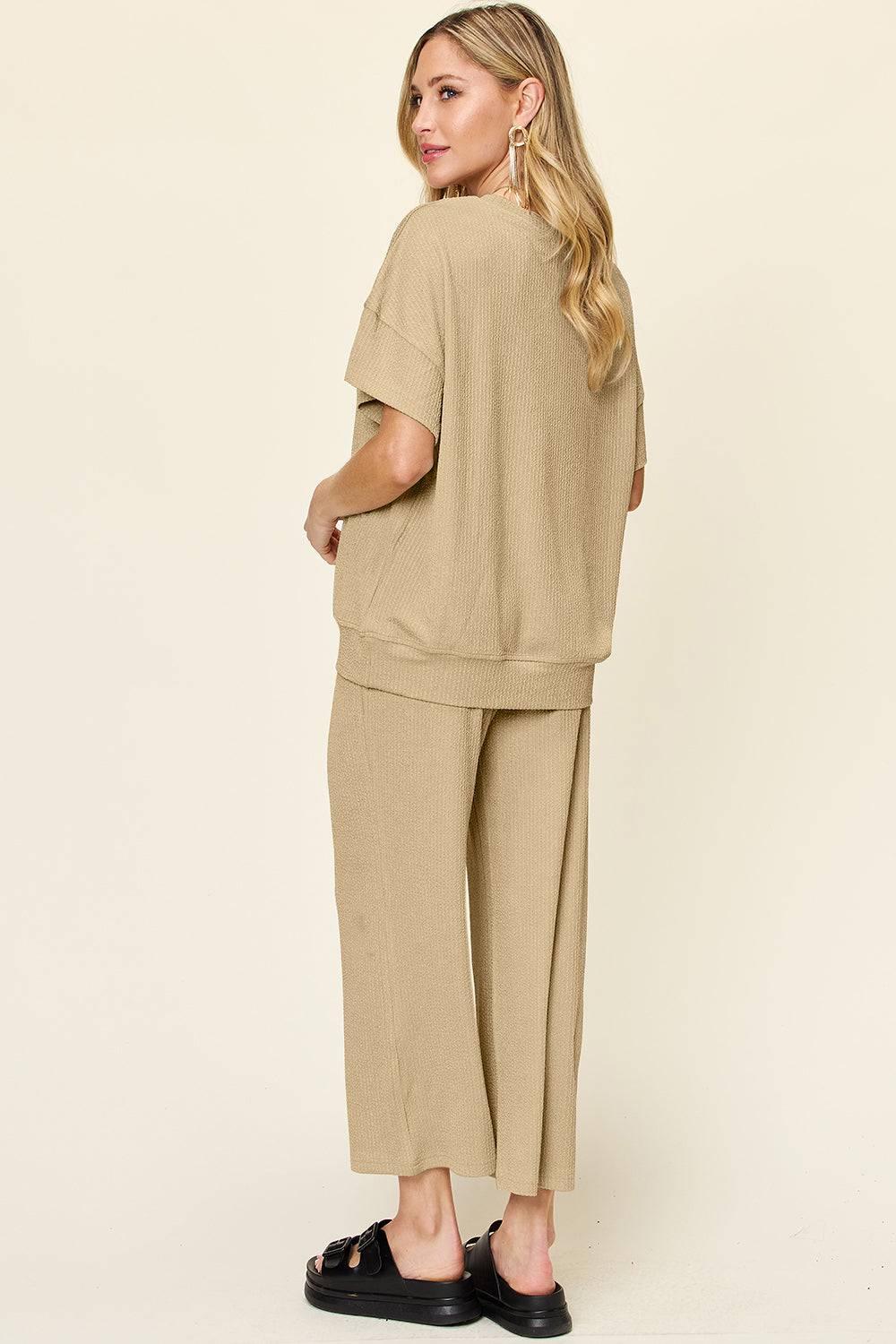 Double Take Full Size Texture Round Neck Short Sleeve T-Shirt and Wide Leg Pants